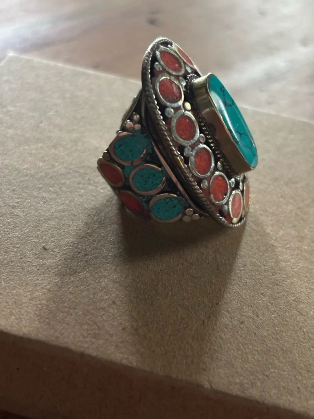 Tibetan Silver Turquoise and Coral Oval Statement Ring Size 10